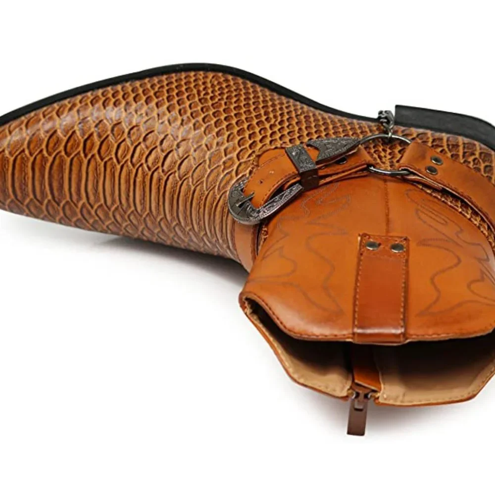 Men's Tan Western Harness Boots - Leather Exotic Texture
